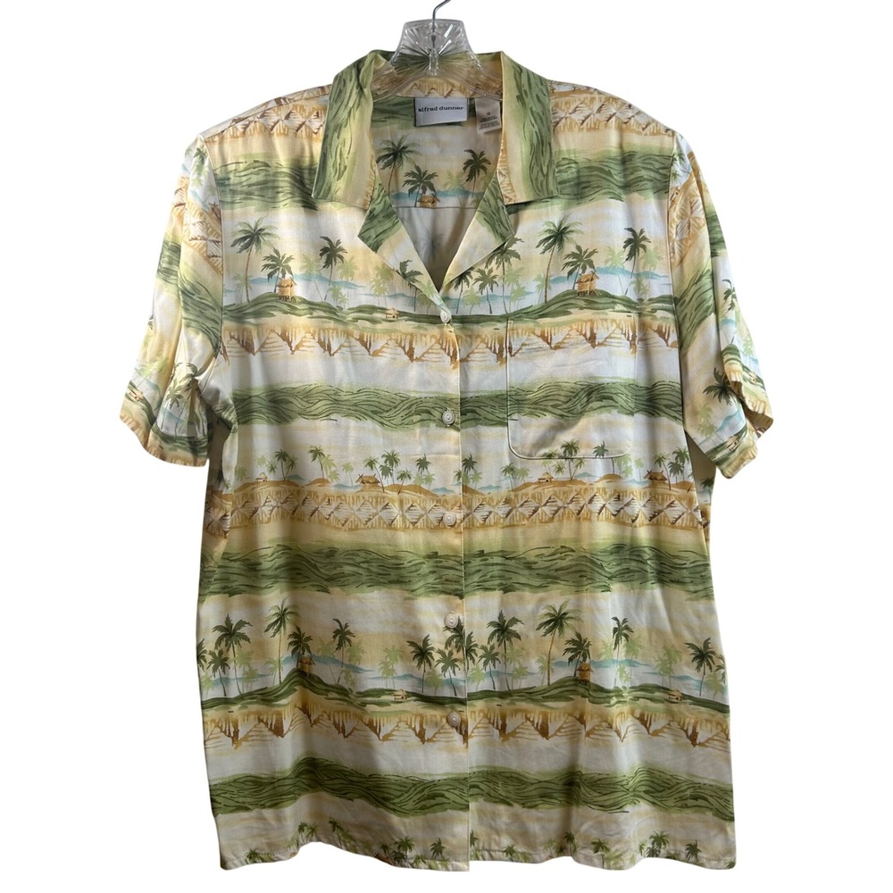 Alfred Dunner Womens Tropical Island Palm Tree Rayon Button Up Blouse Green 16